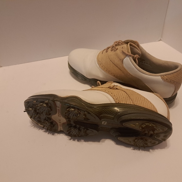 Footjoy Womens DryJoys Golf Shoes White Smooth, Tan Lizard Print Sz 10m #99193 - Picture 5 of 10